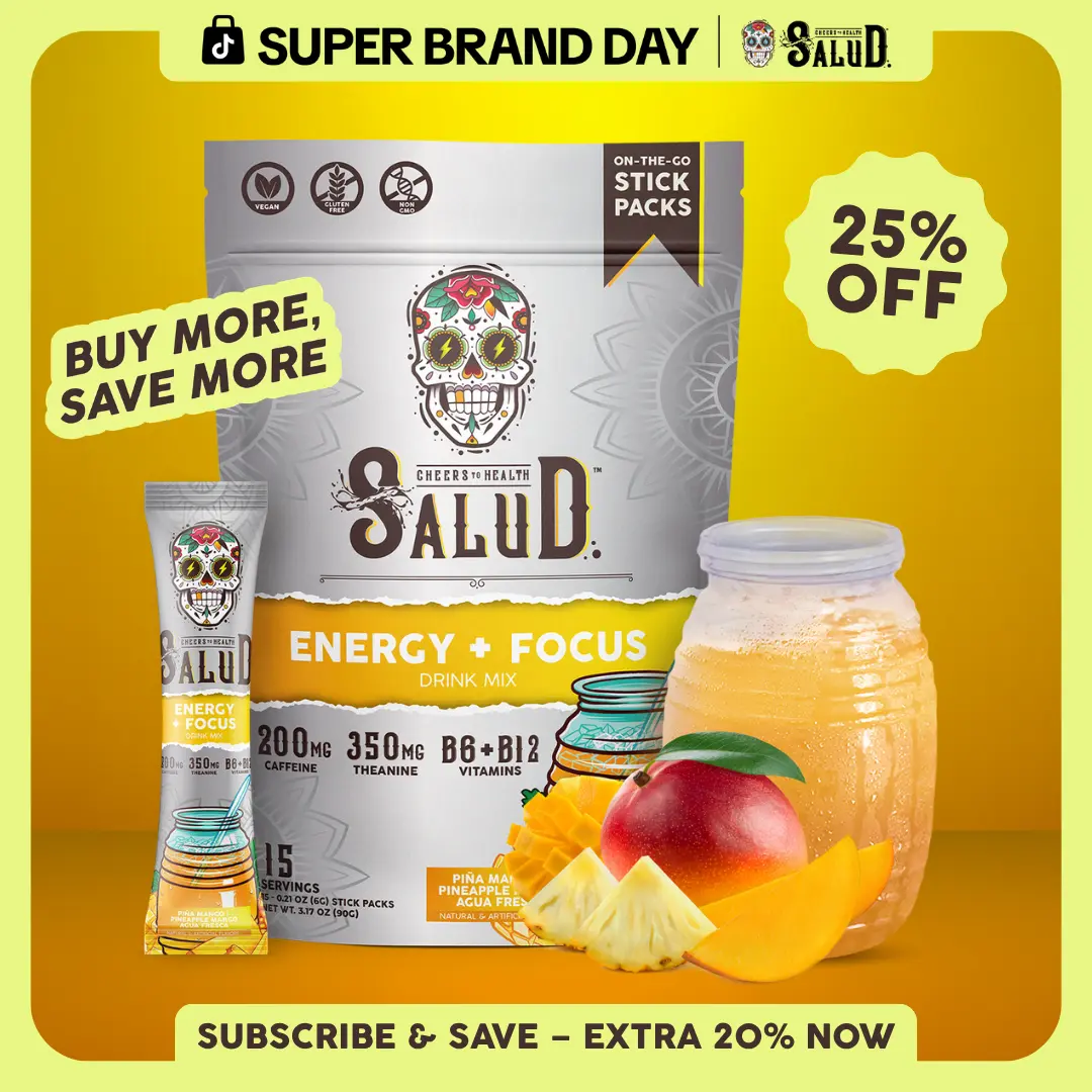 Salud 2-in-1 [Energy + Focus – Piña Mango] Clean Energy Drink Mix, Agua Fresca, Organic Caffeine (200mg), L-Theanine (350mg), B6 & B12, Non-GMO, Gluten Free, Vegan, Low Calorie, 1g Sugar (15 Servings)