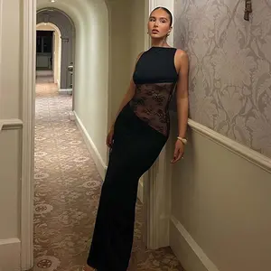 Lace Patchwork Solid Back Hollow Out Sleeveless O-Neck Maxi Dress for Party Sexy Elegant Slim Bodycon Dresses Night Club Clothes