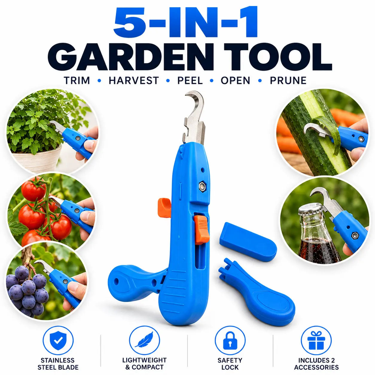 5-in-1 Garden Tool with Stainless Steel Blade, Lightweight & Compact Design, Safety Lock, Includes 2 Accessories