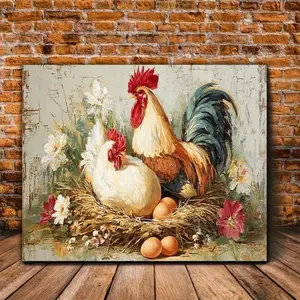 [New Year] 1pc Farmhouse Chicken Wall Art - Rustic Rooster & Hen Laying Eggs in Nest Canvas Painting, Country Kitchen Decor for Living Room, Bedroom, Office, Cafe - Realistic Poultry Art Print Gift for Christmas, Thanksgiving, New Year, Home Decoration