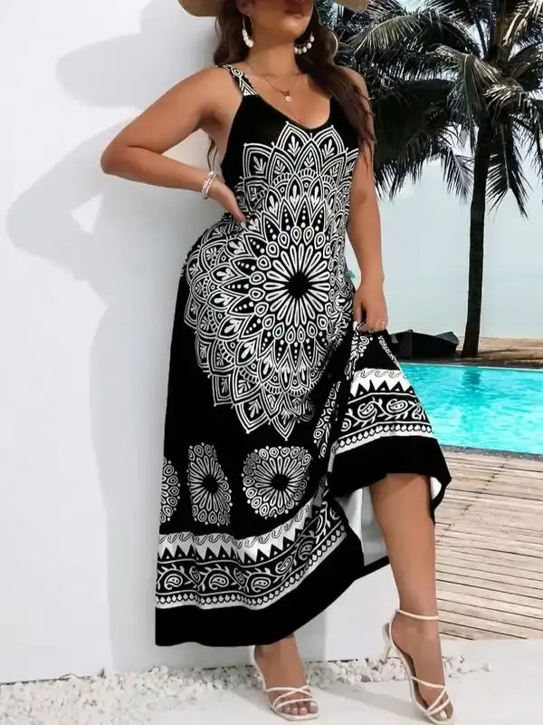 [Plus Size] Summer Ethnic Pattern Backless V Neck Cami Dress, Casual Summer Dresses Sleeveless A Line Long Dress for Vacation, Back-to-school Clothing, Comfort Clothing for Summer Casual Wear, Dresses for Women, Homecoming Dresses, Women's Clothing