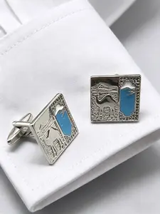 Zk50 Silver Blue Camel Bell Desert Pattern Business Cufflinks, Elegant Design for All Seasons, Perfect Gift for Professionals