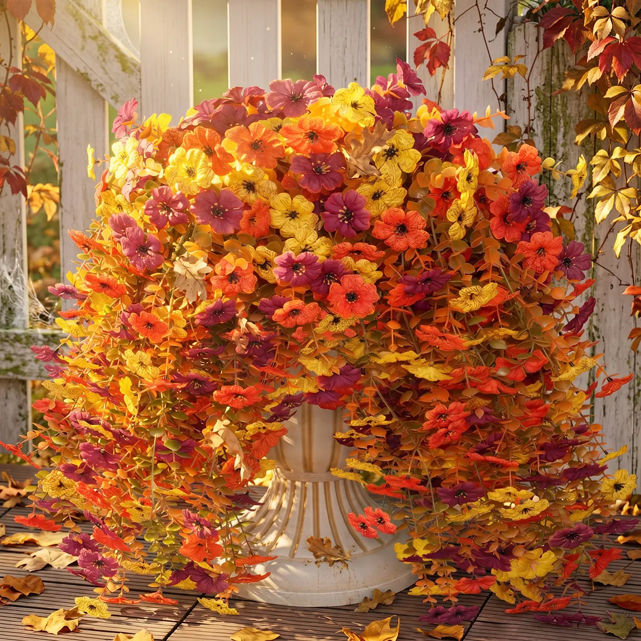 8Pcs Artificial Trailing Hanging Flowers for Outdoor Fall Decor, Faux Silk Pansy & Violet with Eucalyptus Leaves, UV Resistant Realistic Fake Plants, Indoor Outdoor Planter, Porch Patio Yard Autumn Home Decor
