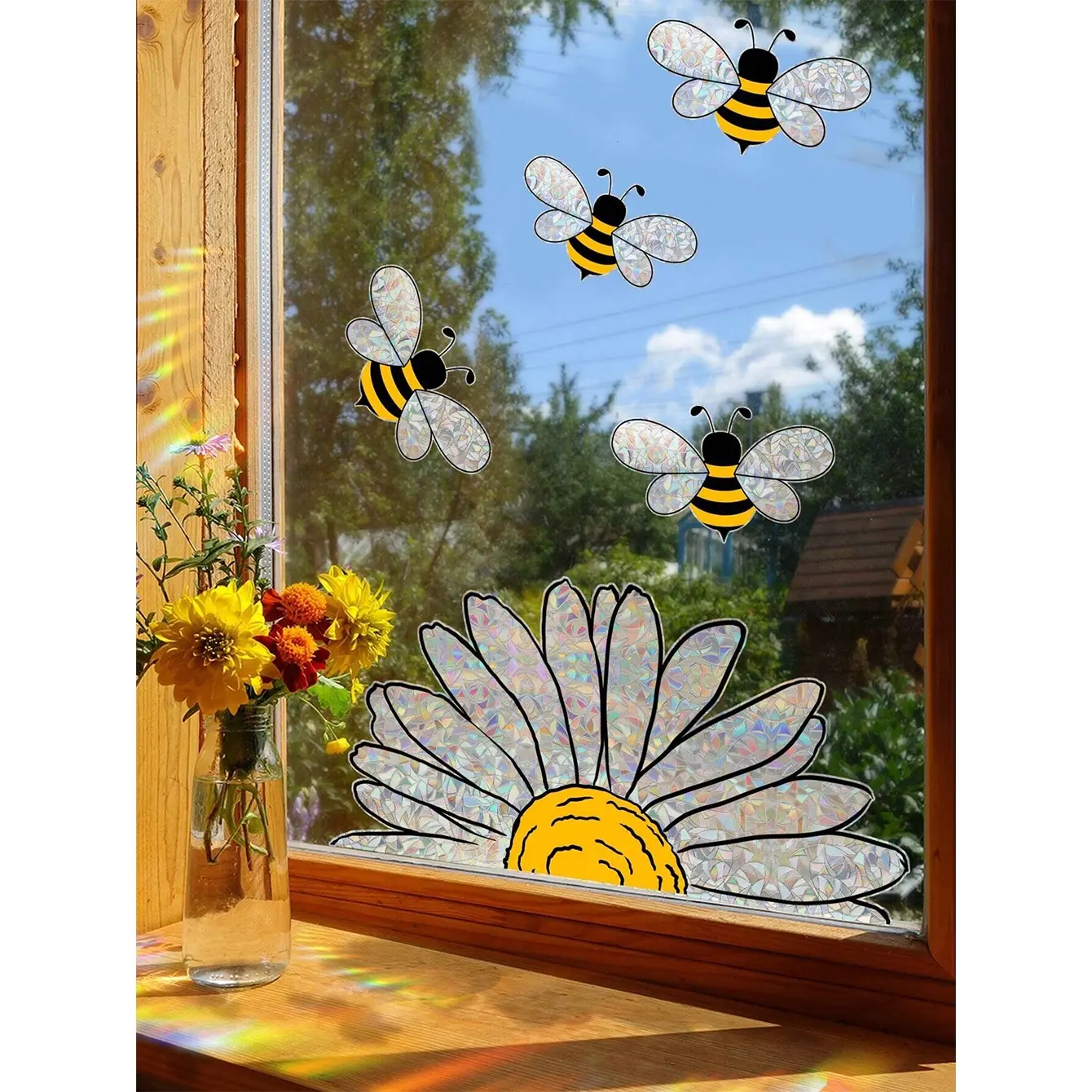 Sunlight Rainbow Static Glass Sticker, Bee Sunflower Window Decal, Window Decoration Sticker, Decorative Sticker, Stickers Decor, Easy to Apply, Durable Design