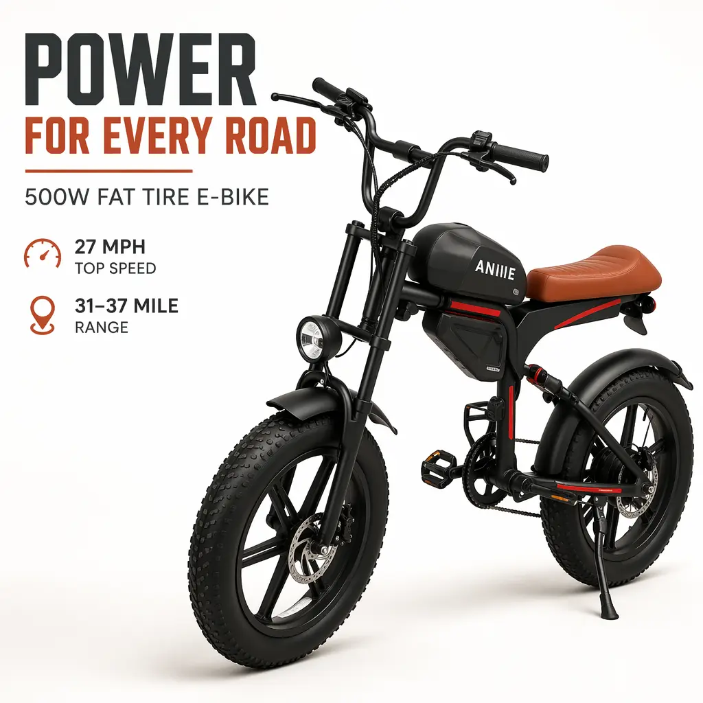 Adult Fat Tire Electric Bike, 27 MPH, 37-mi Range, 500W Motor, 20x4.0" Tires, 7-Speed, Hydraulic Brakes, Full LED Lights with Turn Signals & DRL, 264-lb Capacity