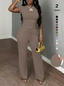 2026 Women's Solid Round Neck Tee & Pants Loungewear Two/Six Piece Set, Casual Comfy Pyjama Set for Women, Comfy Loungewear Set for Daily Home Wear, Pajamas