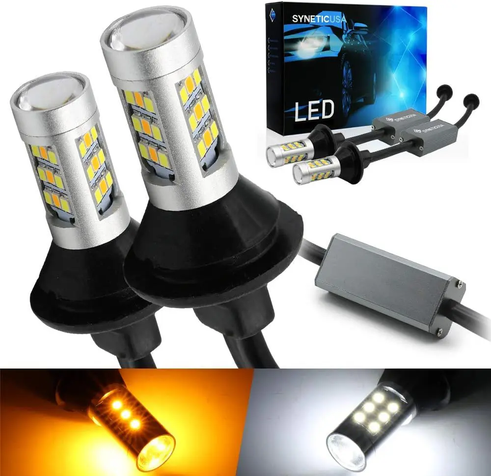 7443 Switchback LED Bulb with Built-in Resistor CANBUS Error Free Anti Hyper Flash – 2-Pack, Dual Color White/Amber Yellow for DRL and Turn Signal Light