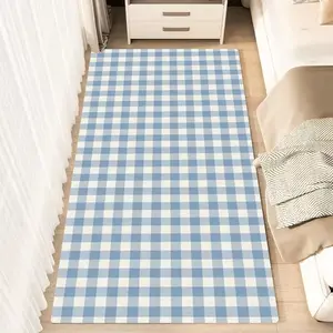 1pc Blue White Gingham Checkered Pattern Fluffy Minimalist Area Rug, Polyester 100% Flannel Carpet, Non-Slip Rectangle Floor Mat for Living Room, Bedroom, Kitchen, Office, Entryway, Bedside Rug | Washable, Cozy Holiday Home Gift Car Carpet Mats