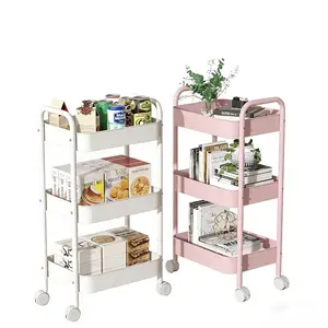 3 Tier Rolling Cart, Metal Utility Cart with 4 Hooks Storage Cart on Wheels Craft Cart with Handle for Organizer Storage for Classroom Office Dorm Home Pink