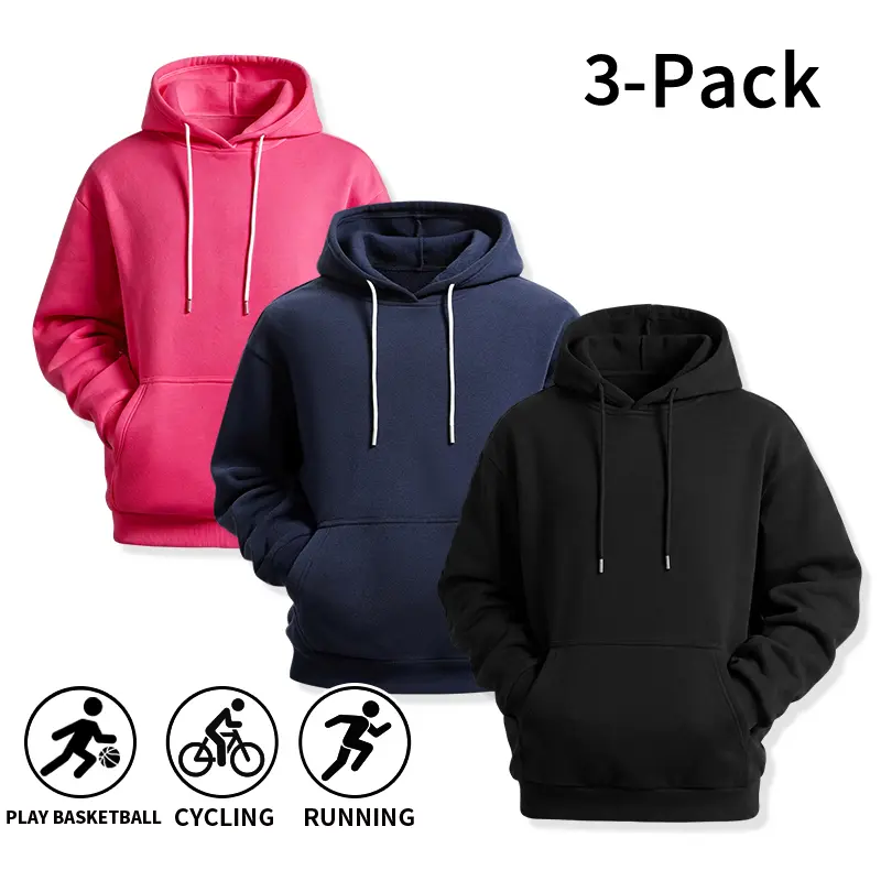 Over-size solid pullover hoodies, 3-pack for men — stretchable, comfortable hooded tops with drawstring hood, suitable for basketball, cycling, running, fall streetwear