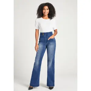 Betabrand Farah Jeans Wide Flared Leg High Rise Waist - Canyon Medium Wash (XS-XXL Regular, Petite, Long) Stretch Denim