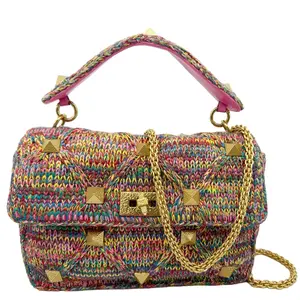 Pre-owned Valentino Woven Wool and Leather Crossbody Bags Roman Stud Woven Wool Crossbody Bag Feminine Pink