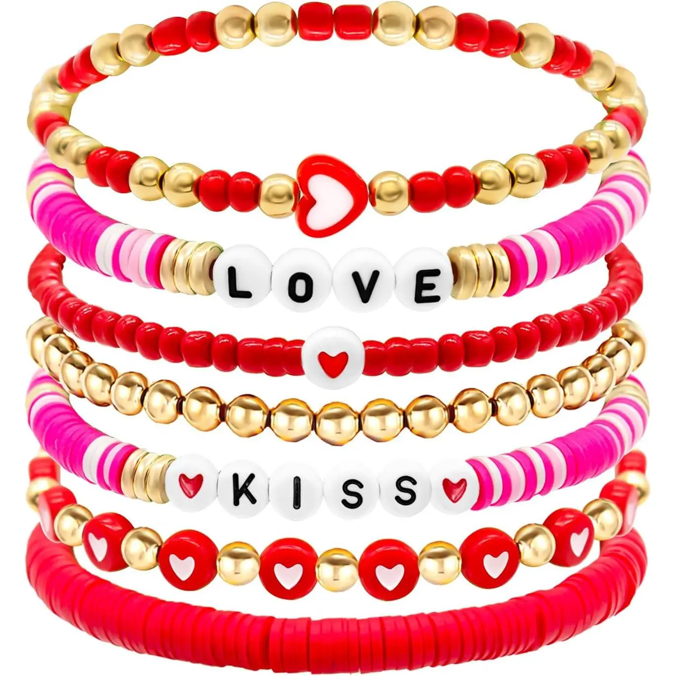 Valentines Bracelet  Women Clay Bead Bracelet Heishi Surfer Bracelets Set Love Heart Valentines beaded Bracelets Bulk Cute Pink Red Stackable Stretch Bracelets  Valentines Accessories Jewelry Gifts