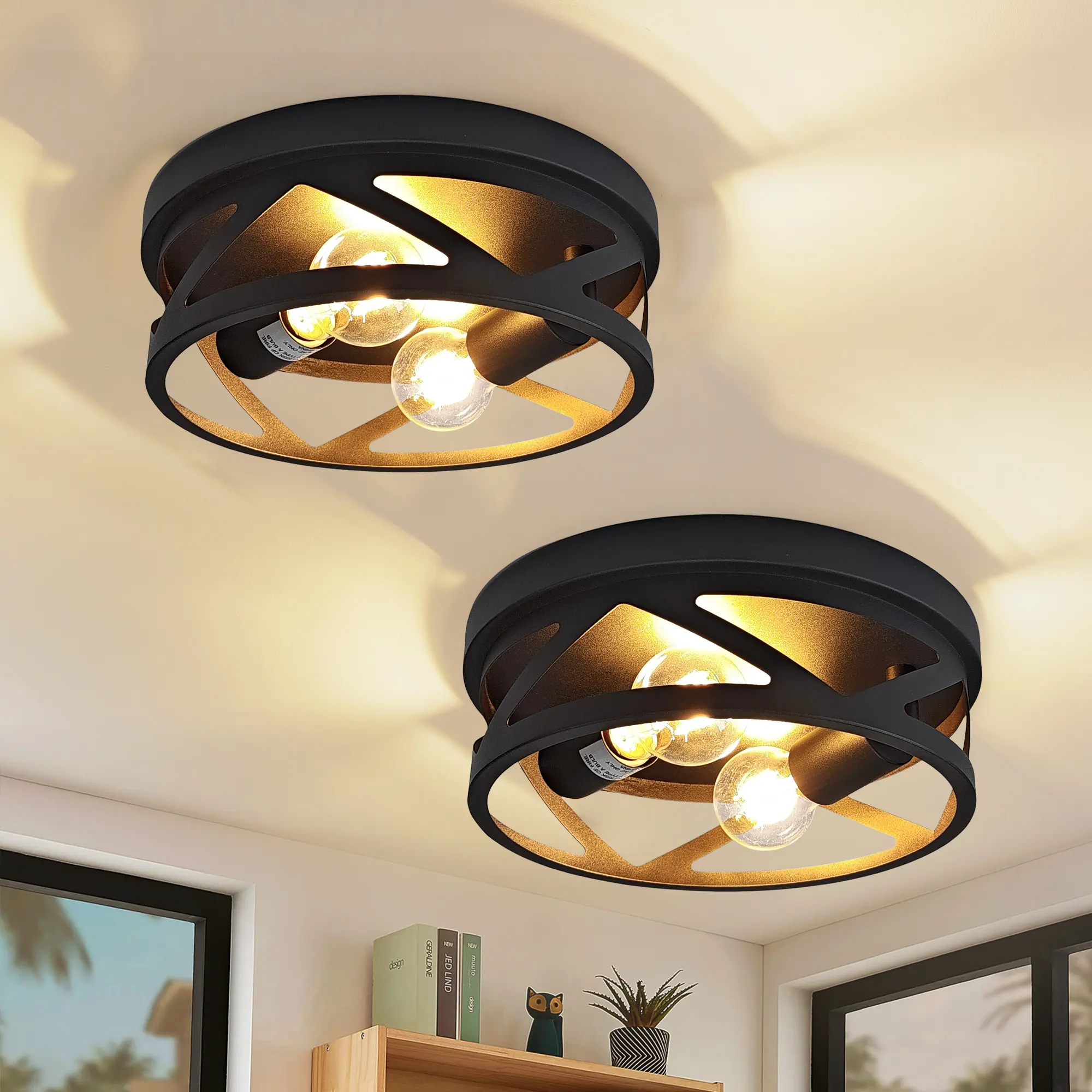 2-Pack Black Double-Light Embedded Ceiling Lamp, Farmhouse Industrial Metal Cage Design, Rural-Focused Fixture for Corridors, Kitchens, Entrance Halls (Embedded Lights)