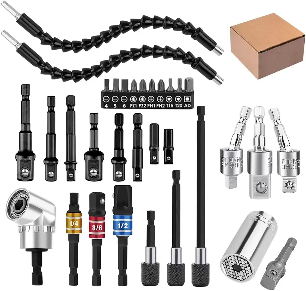 32pcs Flexible Drill Bit Extension Set, Rotatable Joint Socket 1/4 3/8 1/2 Inch Hex Socket Adapter, 105° Right Angle Drill Attachment, Bendable Screwdriver Kit with a Box (Black)