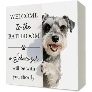 Schnauzer Bathroom Decor, Funny Miniature Schnauzer Dog Wooden Box Sign Desk Decor, Wooden Letter Sign, Welcome to the Bathroom a Dog Will Be with Wood Block Signs for Washroom Shelf Decorations, 5x5 Inch