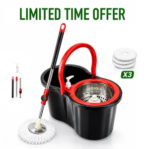 360° Spin Mop and Bucket System with Wringer Set, Stainless Steel Basket & Adjustable Handle, Easy Wringing Floor Cleaning Mop Bucket with Soap Dispenser and 3 Extra Microfiber Heads for All Floor Types
