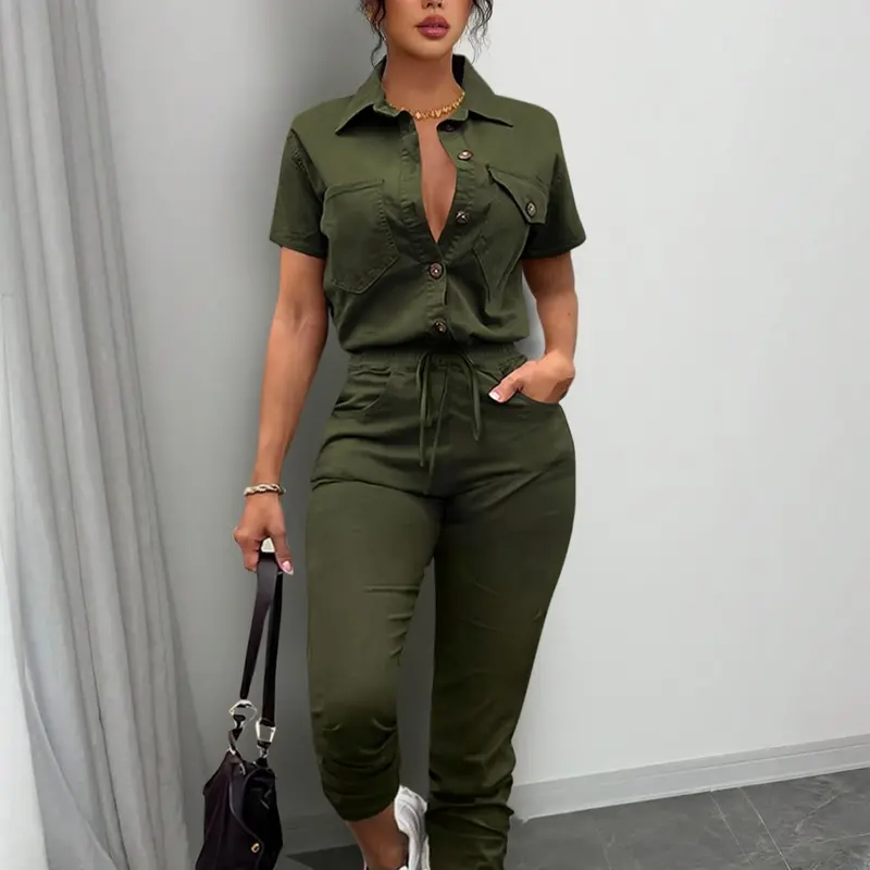 Women's New Spring Summer Casual Vintage Utility Overalls Waist Cinched Slim Fit Jumpsuit Sleeves, Stylish All-In-One for Daily Wear Pants