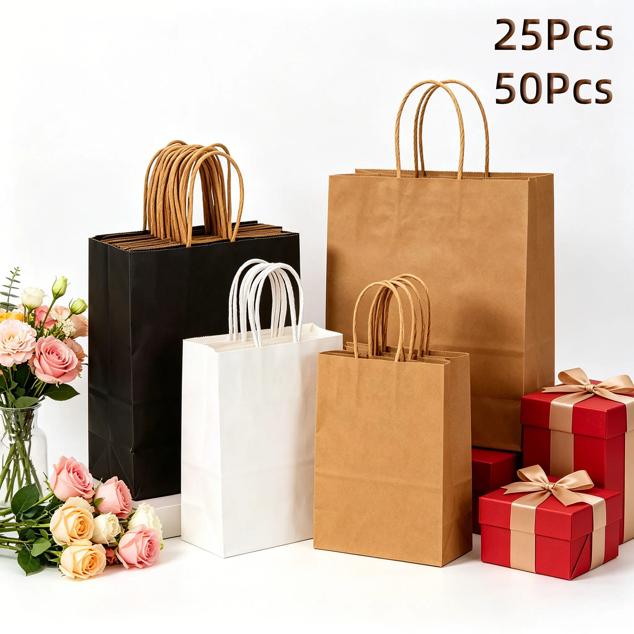 25/50pcs Kraft paper bags with handles for bulk use, gift bags and shopping bags as well as retail bags in assorted sizes. Easy to sort and store, suitable for gift packaging at weddings and parties. Easter storage tote foldable shopping Festive