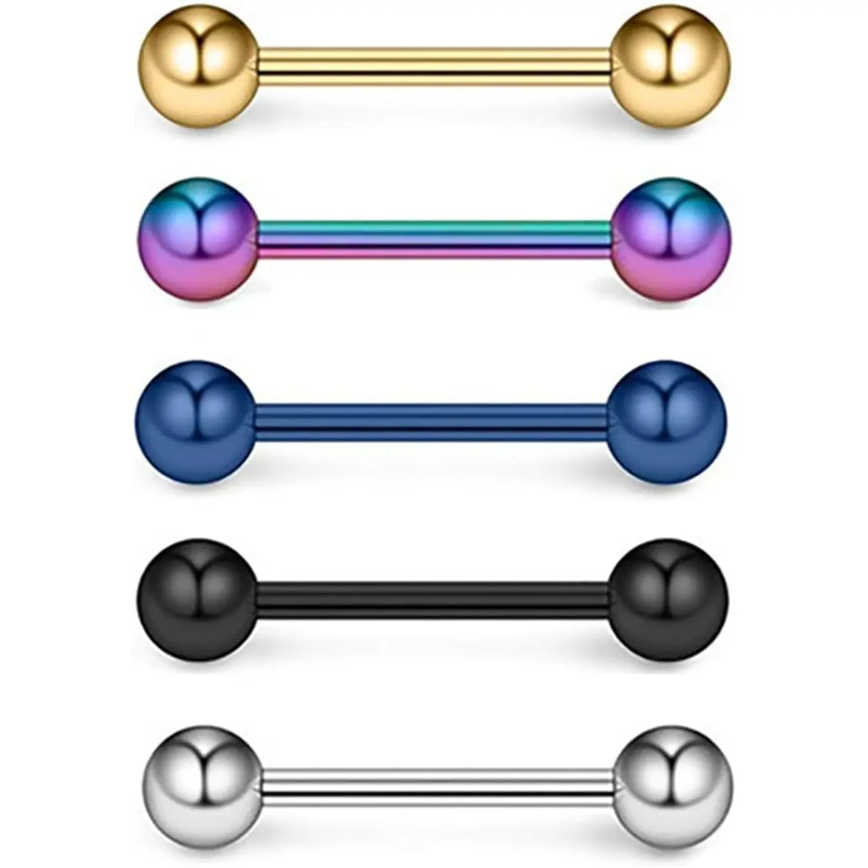 14G Tongue Rings Set for Women Men, 5-Piece Hypoallergenic Stainless Steel Barbells, Mix-Color Piercing Jewelry, Love Gift