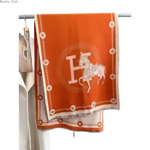 Women’s Vintage Jacquard Knit Scarf with Horse Print, Thick Warm Reversible Shawl Wrap, Old Money Style Luxury Winter Neck Scarf, Large Pattern Fashion Accessory for Daily Wear, Elegant Gift for Her