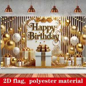 2D flat, Luxurious Golden Birthday Party Banner - Versatile Indoor/Outdoor Decoration with Balloons, Gift Boxes & Confetti Design for Storefront & Celebration, Birthday Party Decorations