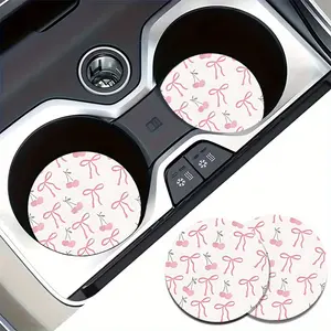 2pcs Cherry Bow Coasters with Pink Bow & Floral Design - Absorbent Non-Slip Rubber Cup Holders for Car, Truck, and Vehicle Accessories, Vehicle Cup Holder Coaster | Playful Design | Rubber Cup Holder, Car Interior Accessory