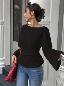 Casual Breathable Loose Fit Flare Sleeve Top with Adjustable Tie Back Waist Design, Pure Color Women's Fashion Long Sleeve Blouse for Daily Wear, Womenswear