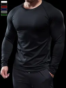Men's Long Sleeve Sports Casual High Stretch Fitted Silhouette Quick-Dry Shirt, Breathable Comfort Compression Top, Plain Pattern Round Neck, Spring & Fall
