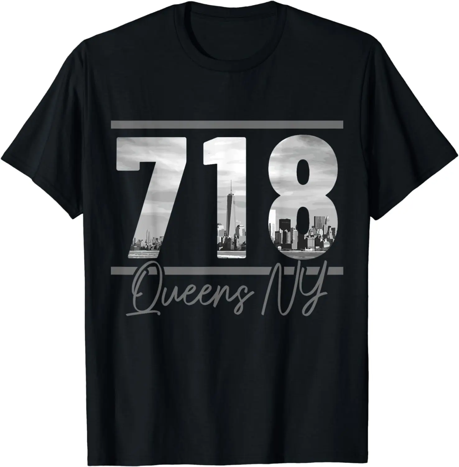Women's Vintage NYC Queens 718 Area Code Skyline Graphic T-Shirt, Casual Distressed Short Sleeve Round Neck Top, Shortsleeve, Tshirt