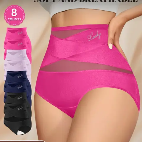 8 Pcs Women's Comfortable Breathable Mesh Stretchy High-Waisted Underwear Panties, Criss Cross Design for Everyday Use, Sizes S-XXXXL, All Seasons, Crossover Panties