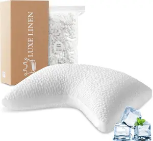 Cooling Contour Pillow for Side and Back Hot Sleepers Curved Memory Foam Pillow for Neck and Shoulder Pain Relief - Adjustable Shredded Memory Foam with Washable Cover, White Standard Size