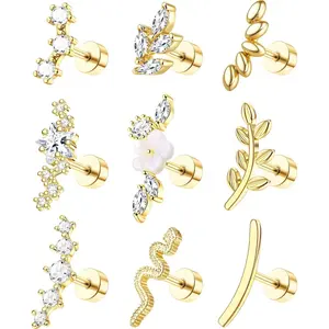 CASSIECA Women's 16G Stainless Steel Flat Back Stud Earrings Set, Lead-Free White Gold Snake/Star CZ Body Jewelry for Tragus, Conch, Helix Cartilage Piercings Summervibes