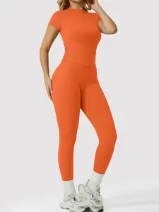 Orange High Waist Yoga Leggings & Top 2 Piece Set, Butt Lifting Tummy Control Workout Outfit, Soft Breathable Activewear, Workout Sets