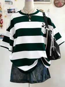Women's Casual Striped Panda Pattern Round Neck T-Shirt, Fashion Striped Print Top, Fitted Style, Perfect for Everyday Wear, Streetwear