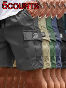 5pcs Men's Casual Fitted Cargo Shorts with Adjustable Drawstring Waist, Multiple Pockets for Versatile Everyday Wear, Durable Polyester Non-Stretch Fabric, Menswear