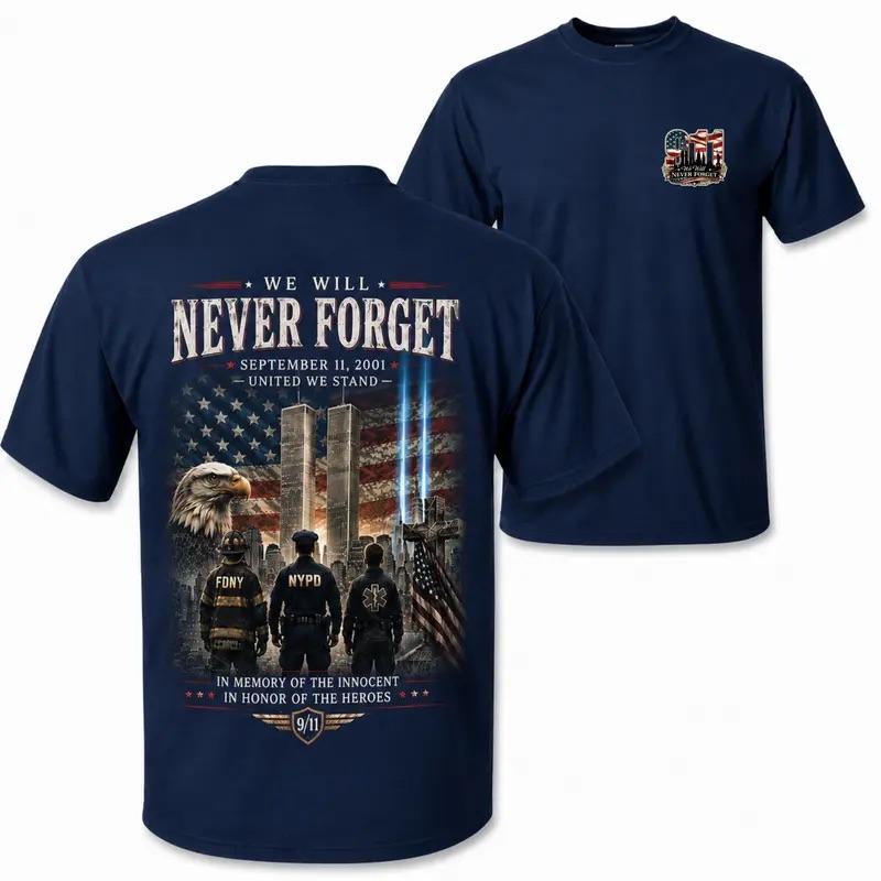 Men’s Classic Seamless Short-Sleeve Basic Casual 9/11 Memorial T-Shirt – Twin Towers, American Flag, Eagle, First Responder Graphic Gift for Patriots, For Men, For Women