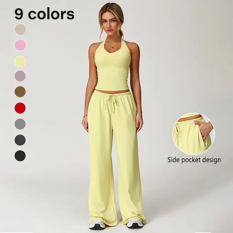 NVWA-Womens Two Piece Summer Casual V Neck Top Wide Leg Pants Womens Holiday Travel Wear Comfortable Summer Casual Clothing Sportswear