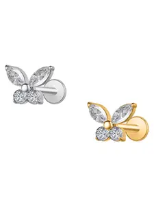 Astm F136 Titanium Silver Color Earring, Flat Back Stud Zircon Butterfly Labret Helix Piercing Jewelry, Unisex Design