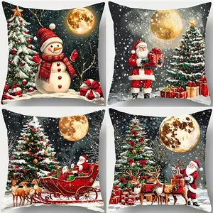 4pcs, Festive Christmas Pillow Covers, Contemporary Style, Snowman & Reindeer Print, Golden Moon Design, Home Décor Products, Cushion Cover Decoration for Couch Sofa, Room Decor and Bedroom Decor, Single Sided Printing, No Pillow Core