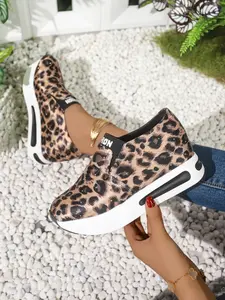 Women's Leopard Print Heeled Casual Shoes, Thick Sole Anti-Slip Slip-On Sneakers, Trainer, Walking Shoes, Spring Summer Versatile Commuter Footwear
