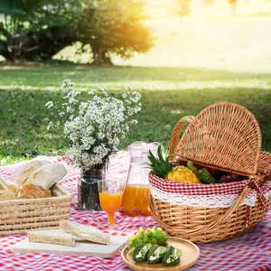 Large Picnic Basket with Lid, Boho Woven Storage Basket, Portable Wicker Picnic Basket for Outdoor Camping Hiking, Vintage Style Picnic Basket for Camping & Decor