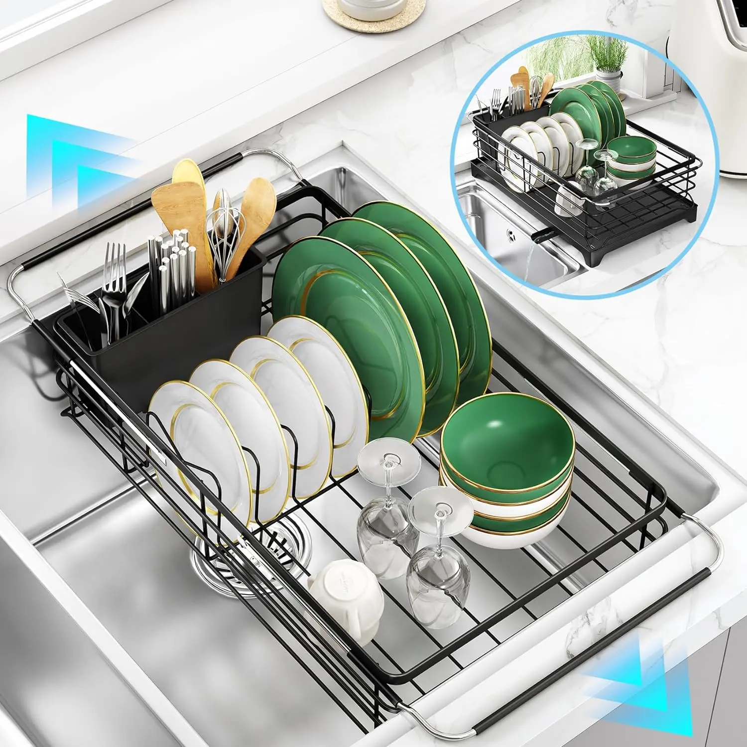 Dish Drying Rack in Sink Stainless Steel Dish Racks for Kitchen Counter Expandable Dish Drainer with Removable Utensil Holder Black Organiser, Adjustable Shelf Rack, Countertop Dish Rack