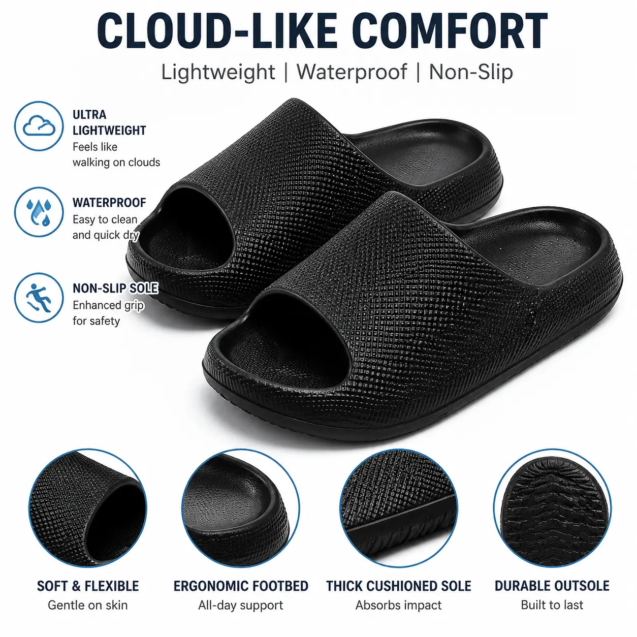 Cloud Slide Sandals for Women Men Ultra Comfort Recovery Slippers | Soft Summer Beach Shoes with Low Arch Support, Non-Slip Lightweight Pillow Slides