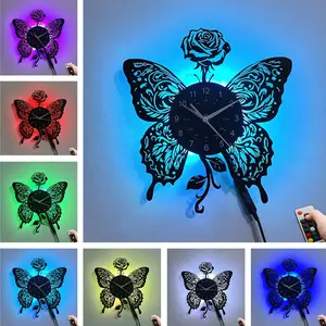 LED Butterfly Rose Vinyl Record Wall Clock Romantic Home Cafe Decor Ideal Holiday Gift for Her (Battery Not Included)