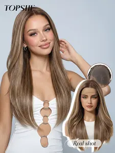 Topshe 13x6 High-Definition Lace Front Wig, Medium-Length Wavy Hair, 24 Inches Deep Highlights, Comfortable and Breathable, All Seasons Wear, Synthetic Wavy Wig