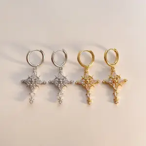 Luxury Cross Earrings with Zirconia DDES0841 Fashionable and Unique Minimalist Style Real Gold Plated Tassel Ear Clips