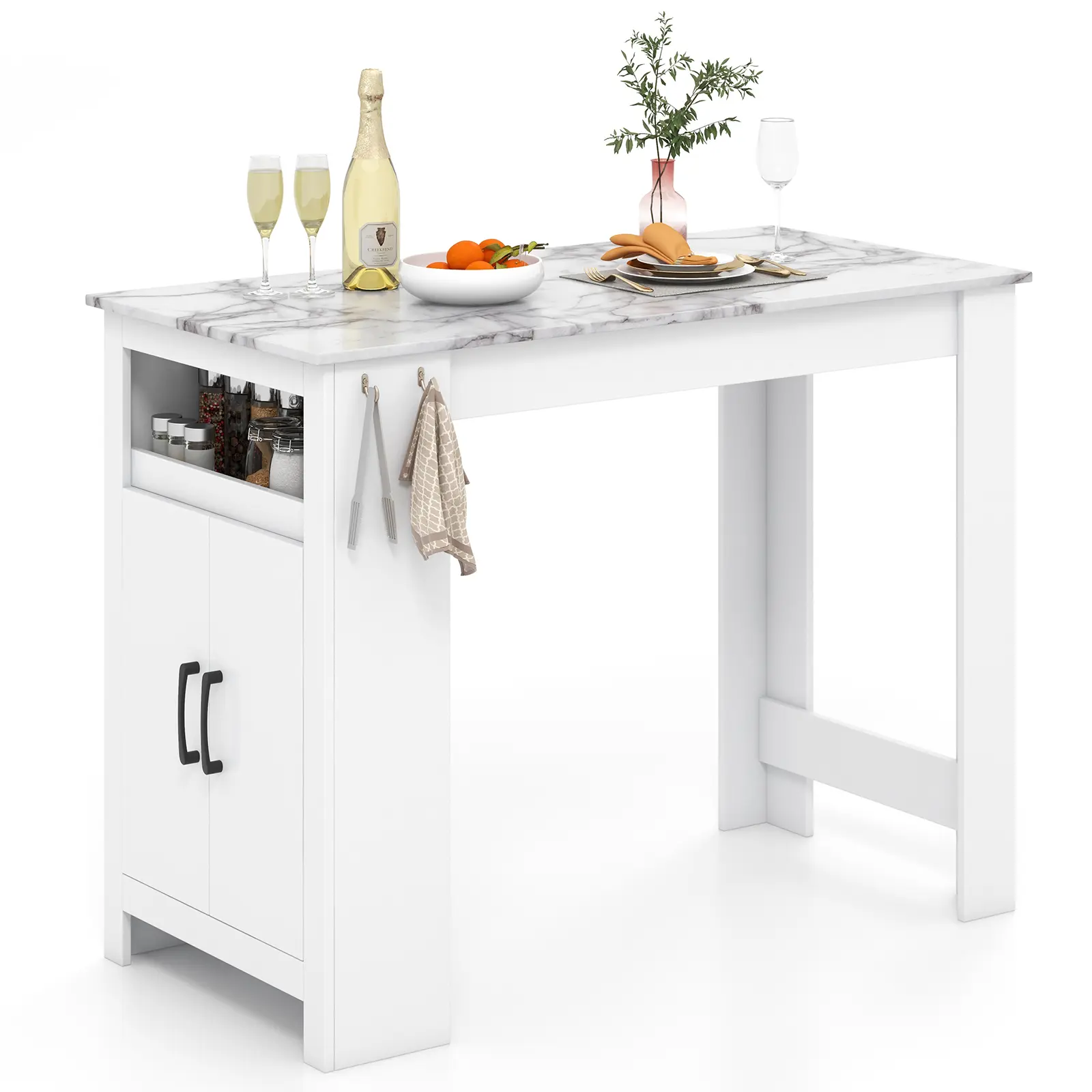 COSTWAY - Bar Table Faux Marble Pub Table with 7 Hanging Hooks Compartment-White COSTWAY - Bar Table Faux Marble Pub Table with 7 Hanging Hooks Compartment-White