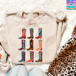 Mix print boot Crewneck & T-shirt, Western cowboy Graphic Hoodie, Trending western Graphic Hoodie, Western Boutique, Handmade, 4