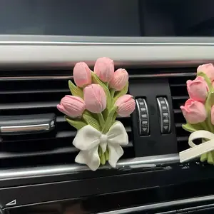 3D Floral Car Vent Clip, Tulip Bowknot Cement Decor Ornament, Non-Electric Dashboard Air Vent Decoration, Stylish Girly Car Interior Accessories